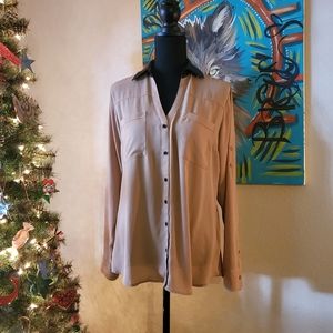 Pretty beige with faux leather collar button down